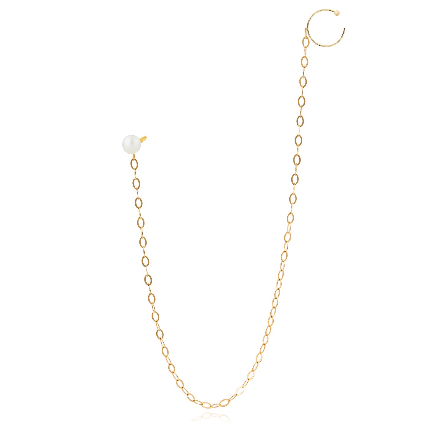 18 ct yellow gold pearl stud with chain and ear cuff