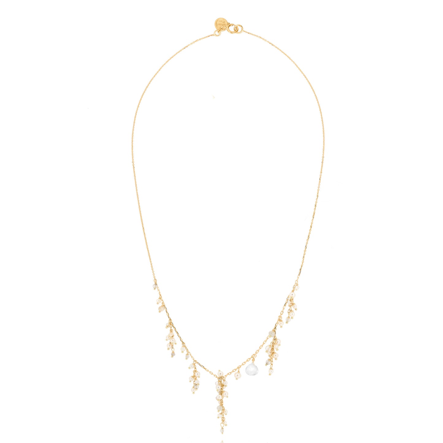 18ct Gold Goddess of Love necklace with clusters of Pearl and Crystal beads/drops.
