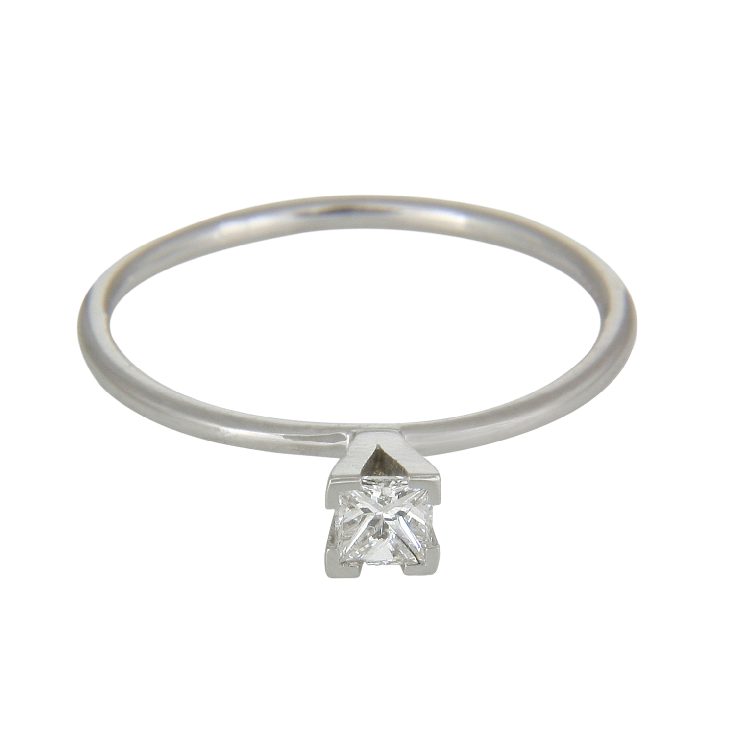 Sweet Pea 18ct white gold princess cut white diamond with claw set tulip setting engagement ring.