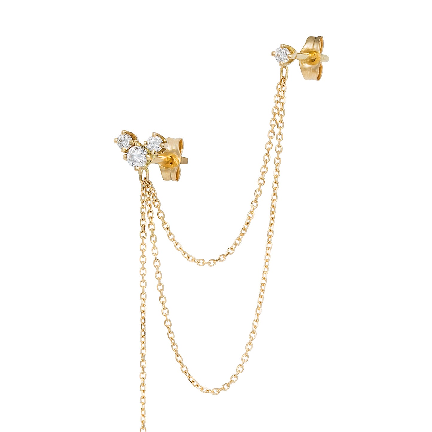 18ct yellow gold 3 Diamond stud connected with double fine chain to single Diamond stud and long strand of chain