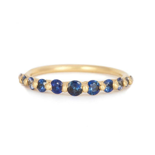 Polly Wales 18ct yellow gold Iris Halo Ring with round rose cut blue sapphires. Alternative engagement ring. Size M ring.