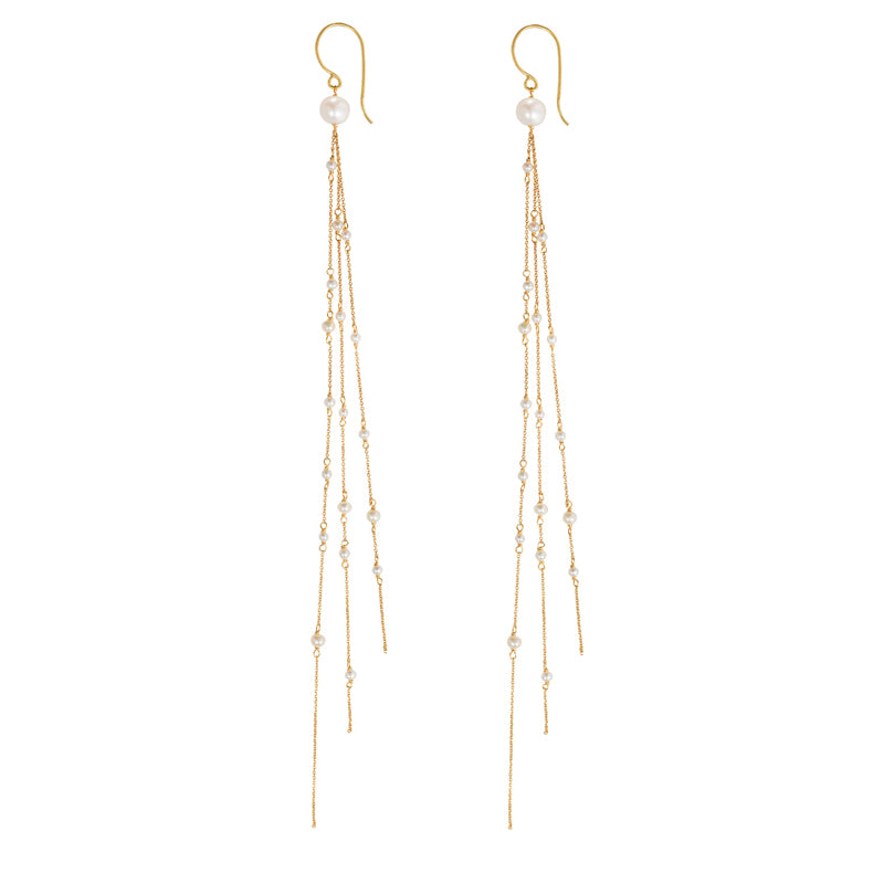 18ct yellow gold fine hook earring with 3 strands of the fine chain and seed pearls