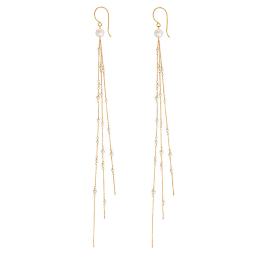18ct yellow gold fine hook earring with 3 strands of the fine chain and seed pearls