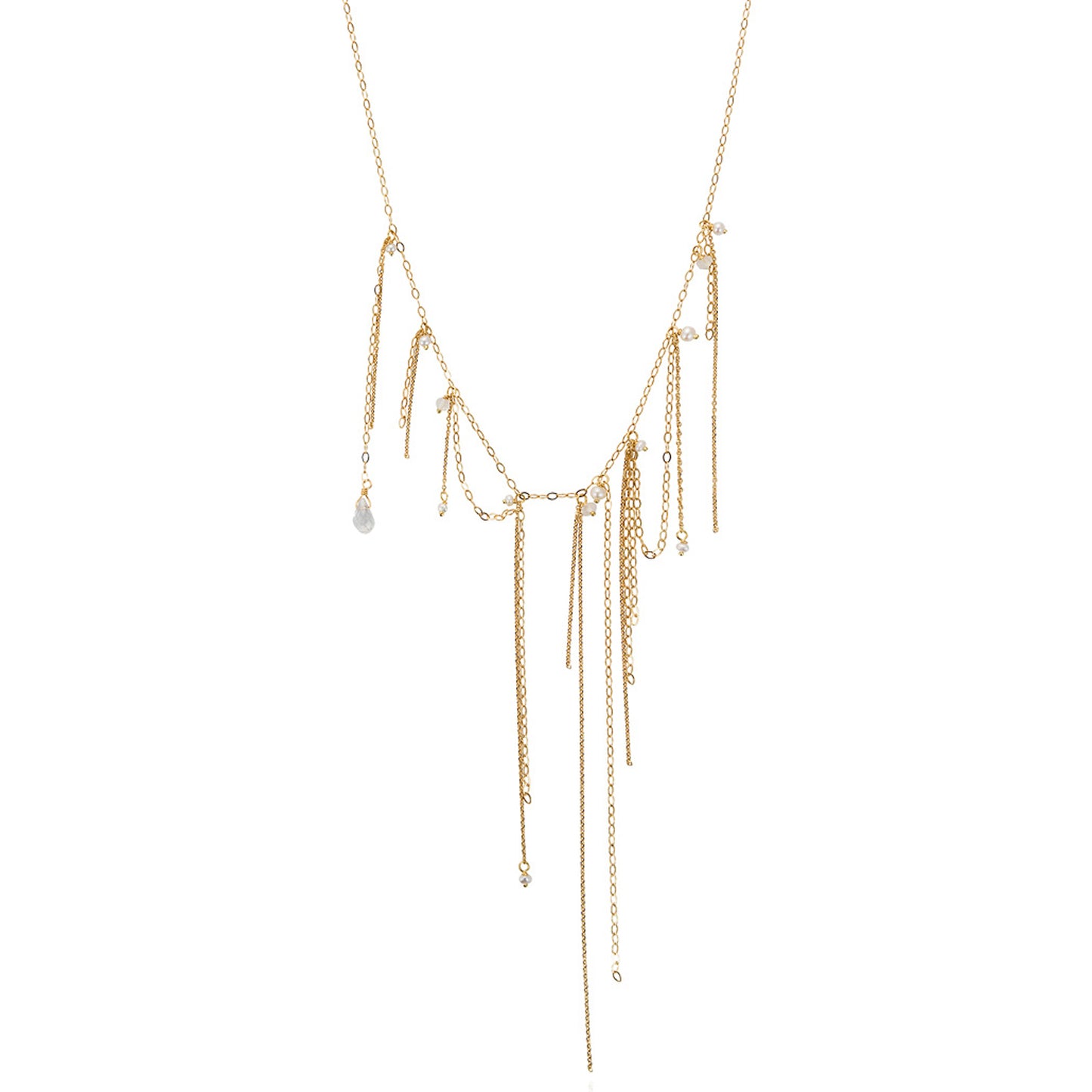 18ct yellow gold oval chain necklace with tassel of chain with seed Pearls and Moonstone drops