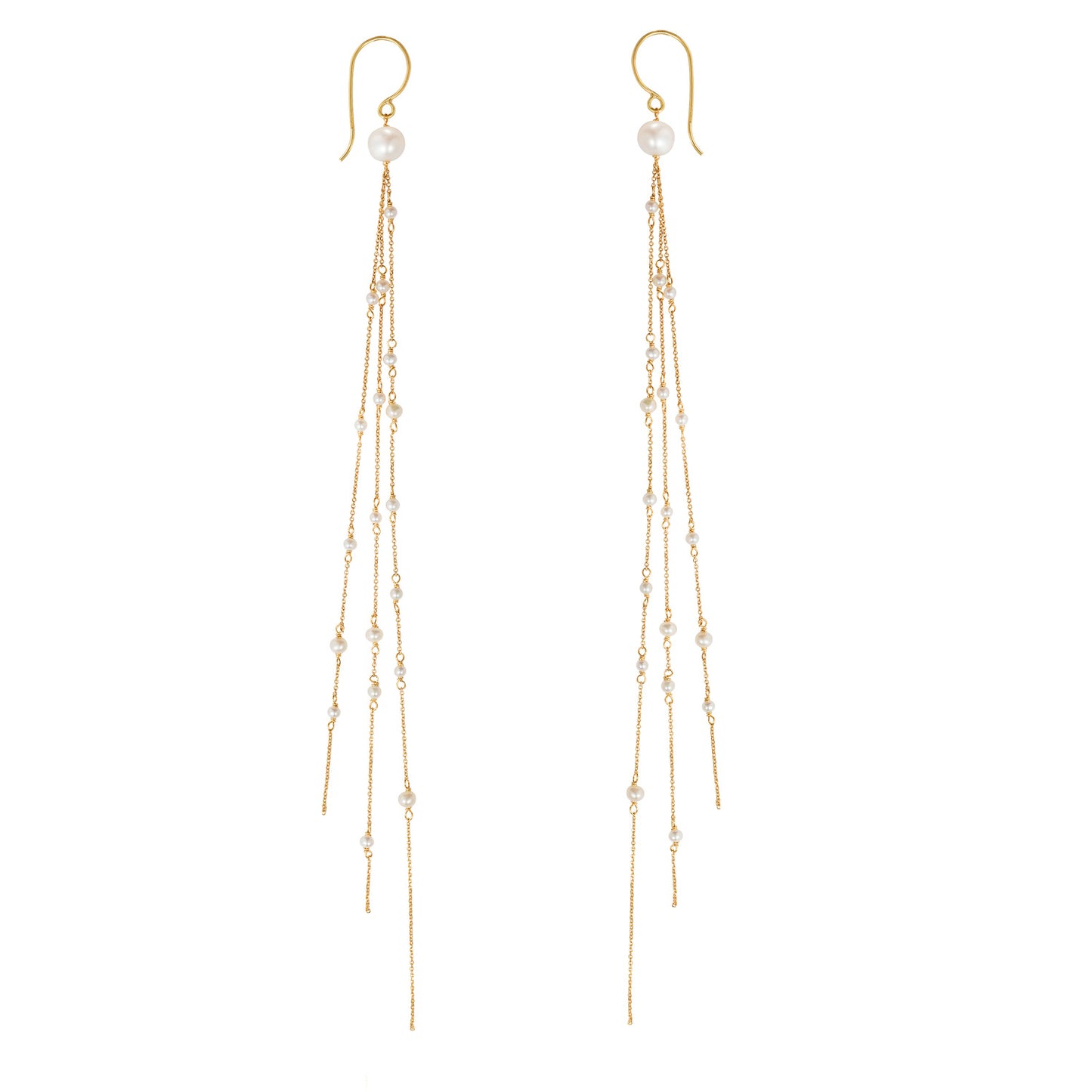 18ct yellow gold fine hook earring with 3 strands of the fine chain and seed pearls