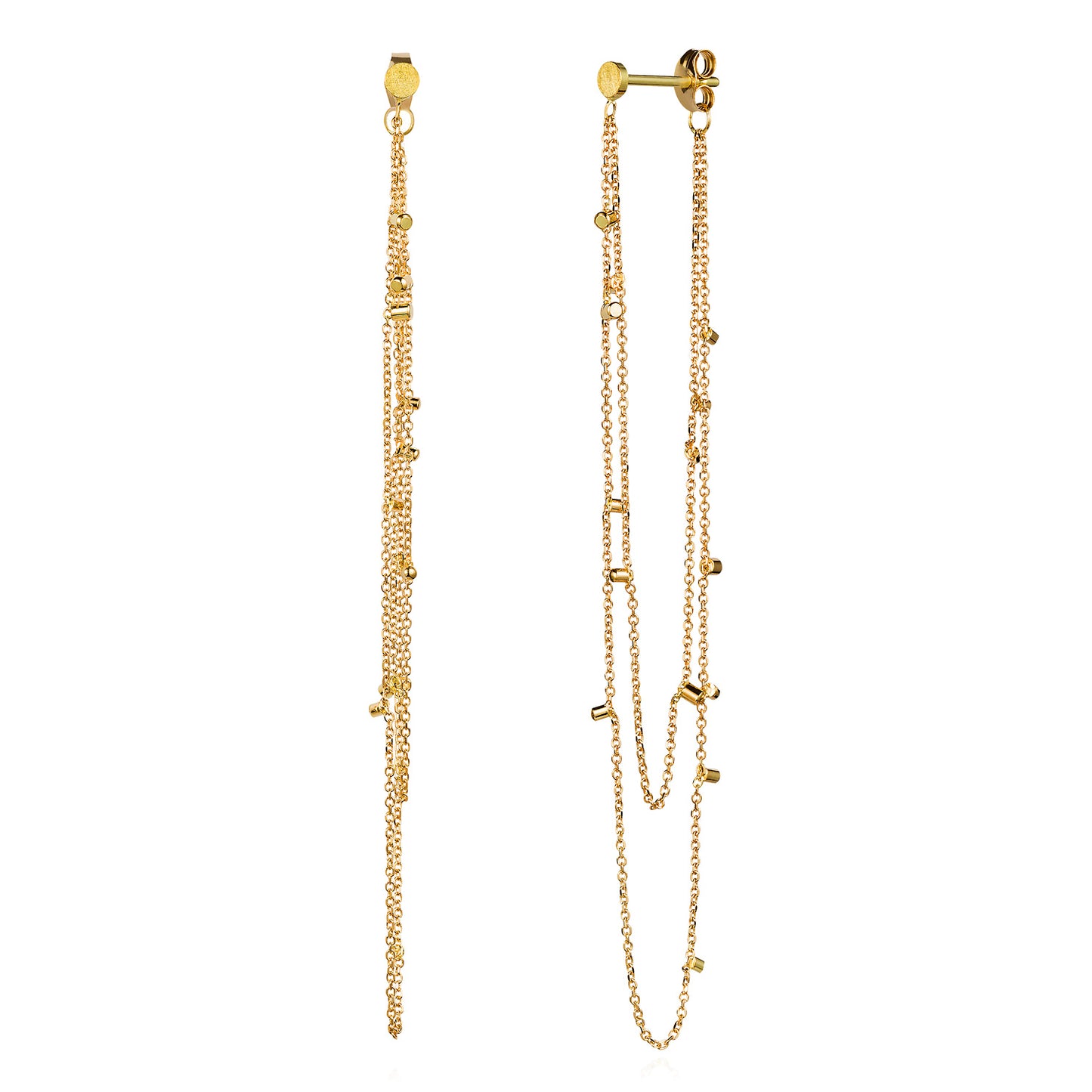 18CT YELLOW GOLD SMALL STUDS WITH 2 STRANDS OF LOOPED CHAIN WITH GOLD DUST SPECKLES