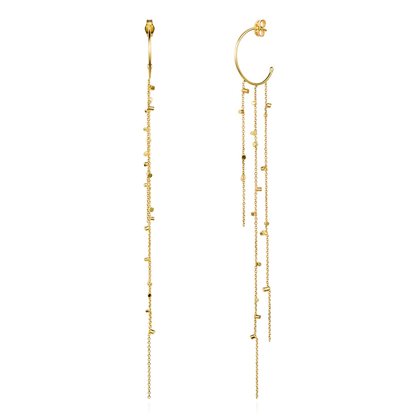 These fabulous hoop earrings are part of our Gold Dust Collection. The Hoops have three strands of 18ct yellow fine chain sprinkled with a shimmering of gold embellishments