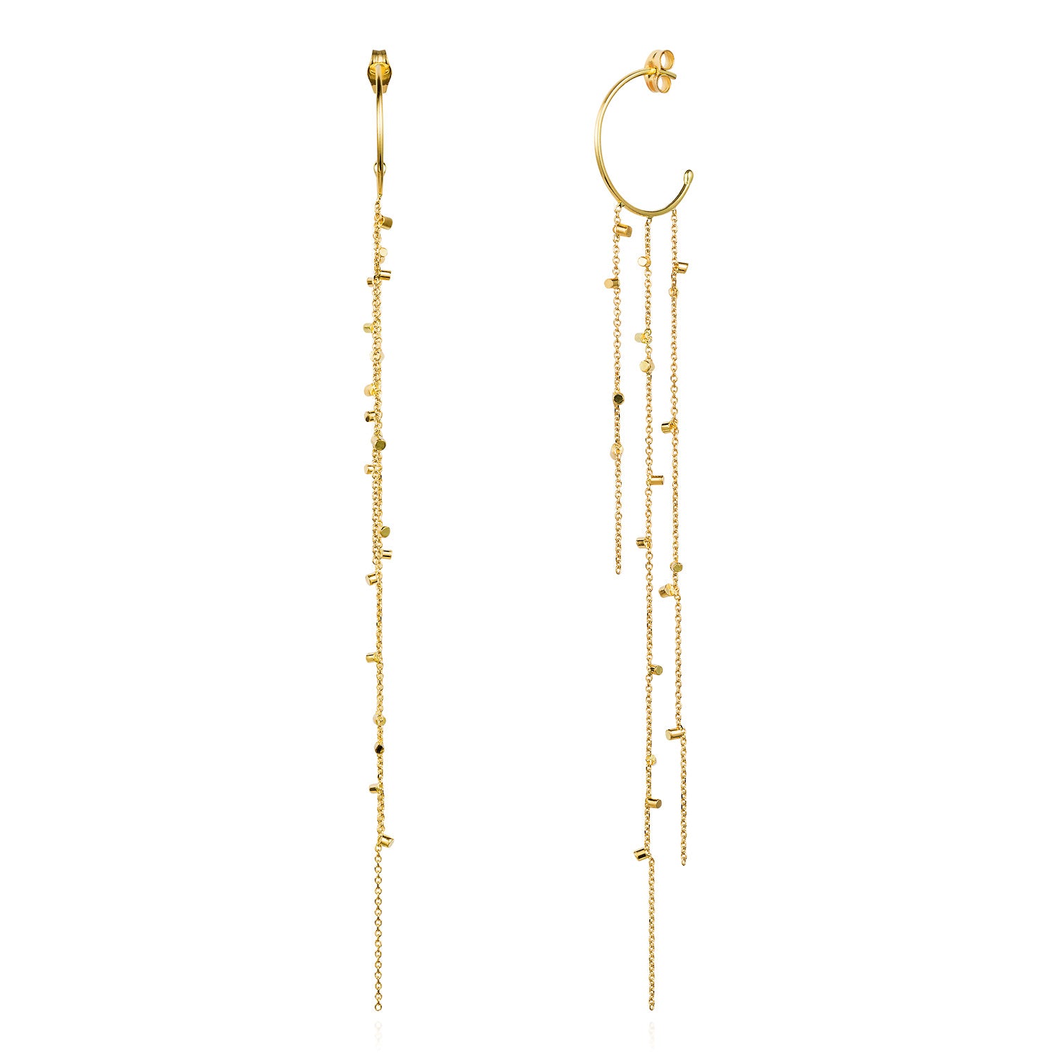 These fabulous hoop earrings are part of our Gold Dust Collection. The Hoops have three strands of 18ct yellow fine chain sprinkled with a shimmering of gold embellishments