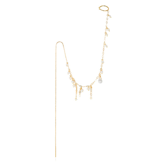 18ct yellow thread through long chain earring with ear cuff with seed Pearl and Moonstone
