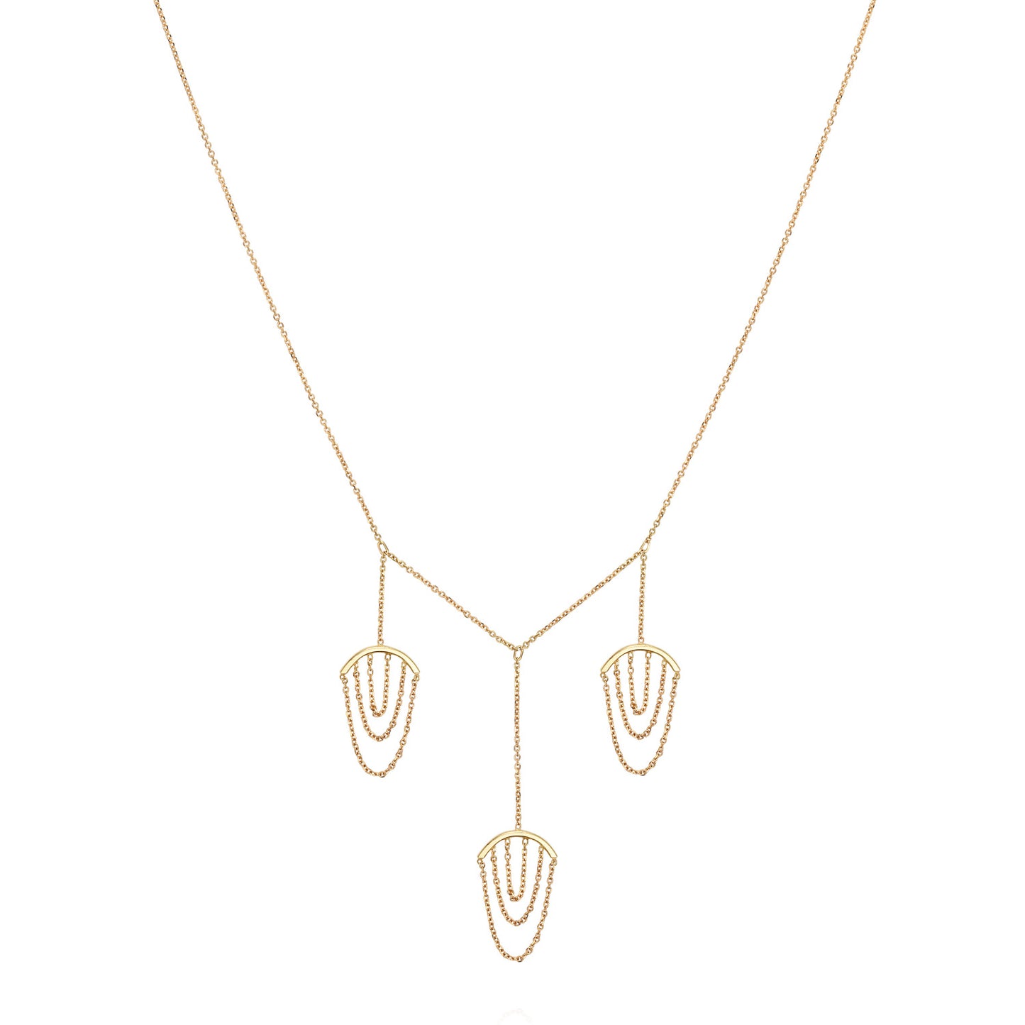 Sweet Pea 18ct yellow gold Nouveau Now triple drop necklace with looped chains close up.