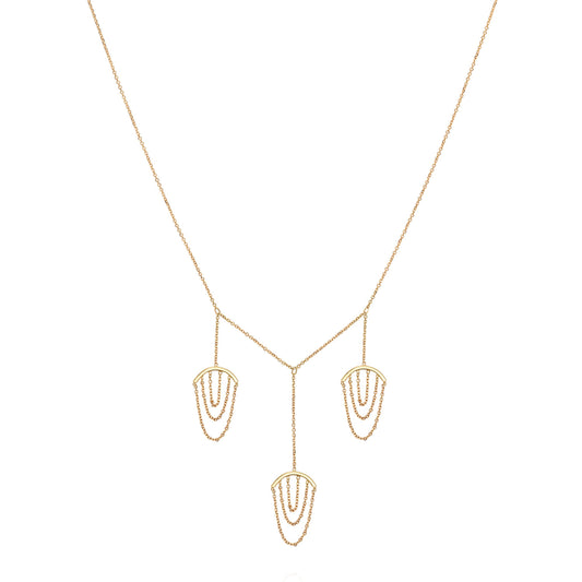 Sweet Pea 18ct yellow gold Nouveau Now triple drop necklace with looped chains close up.