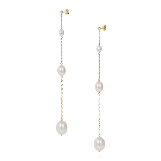 18ct yellow gold white Diamond stud earrings with long fine mixed chain interspersed with white oval shaped fresh water pearls. From our Snowdrop Pearl collection.