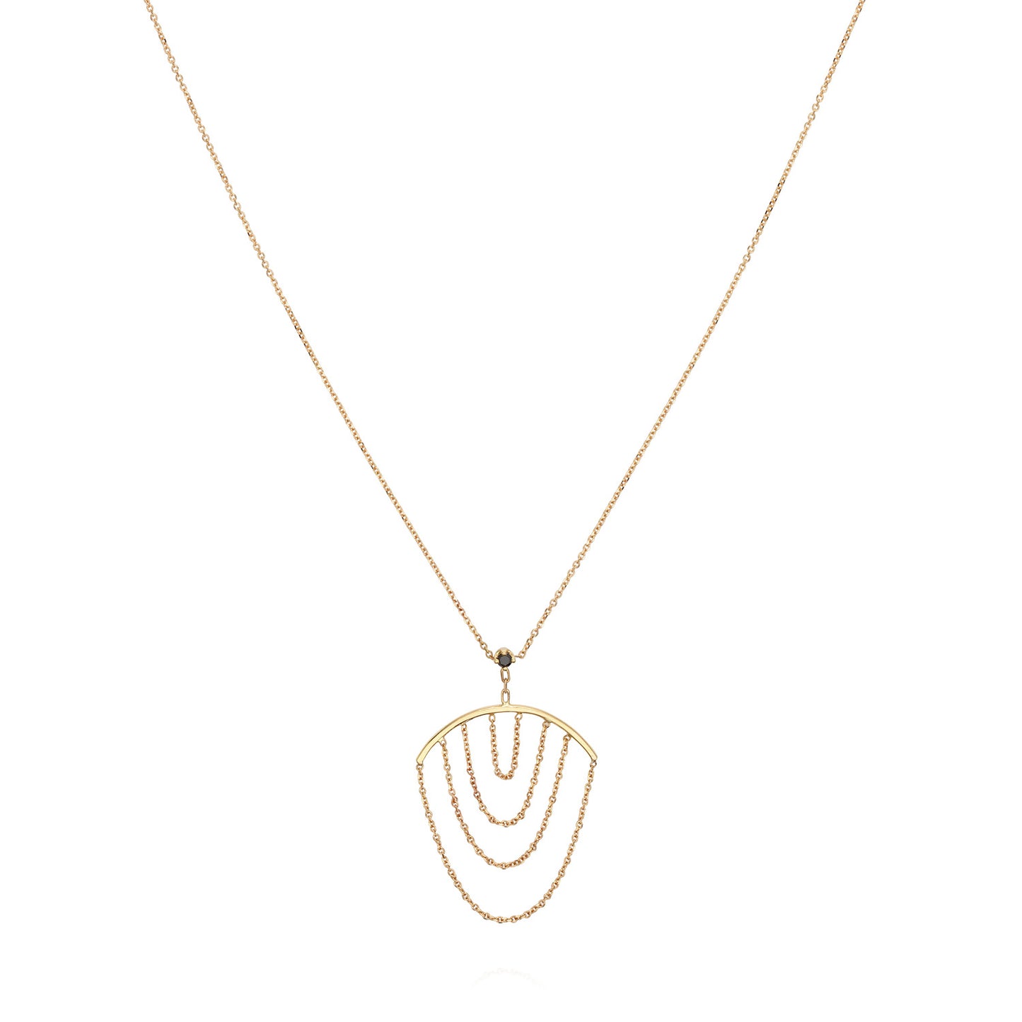 Sweet Pea 18ct yellow gold Nouveau Now black diamond and hanging chain drop necklace close up.