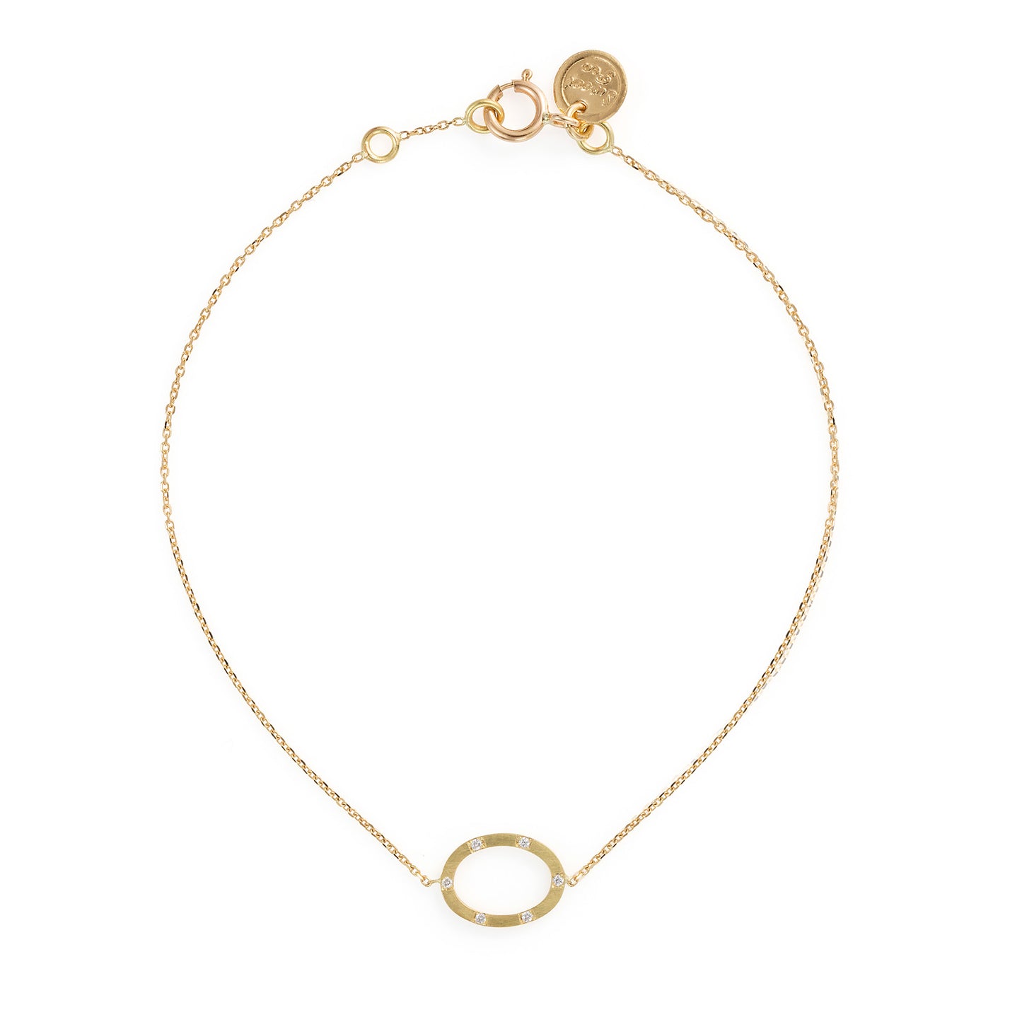 18ct yellow gold fine chain bracelet with brushed oval set with 5 Diamonds