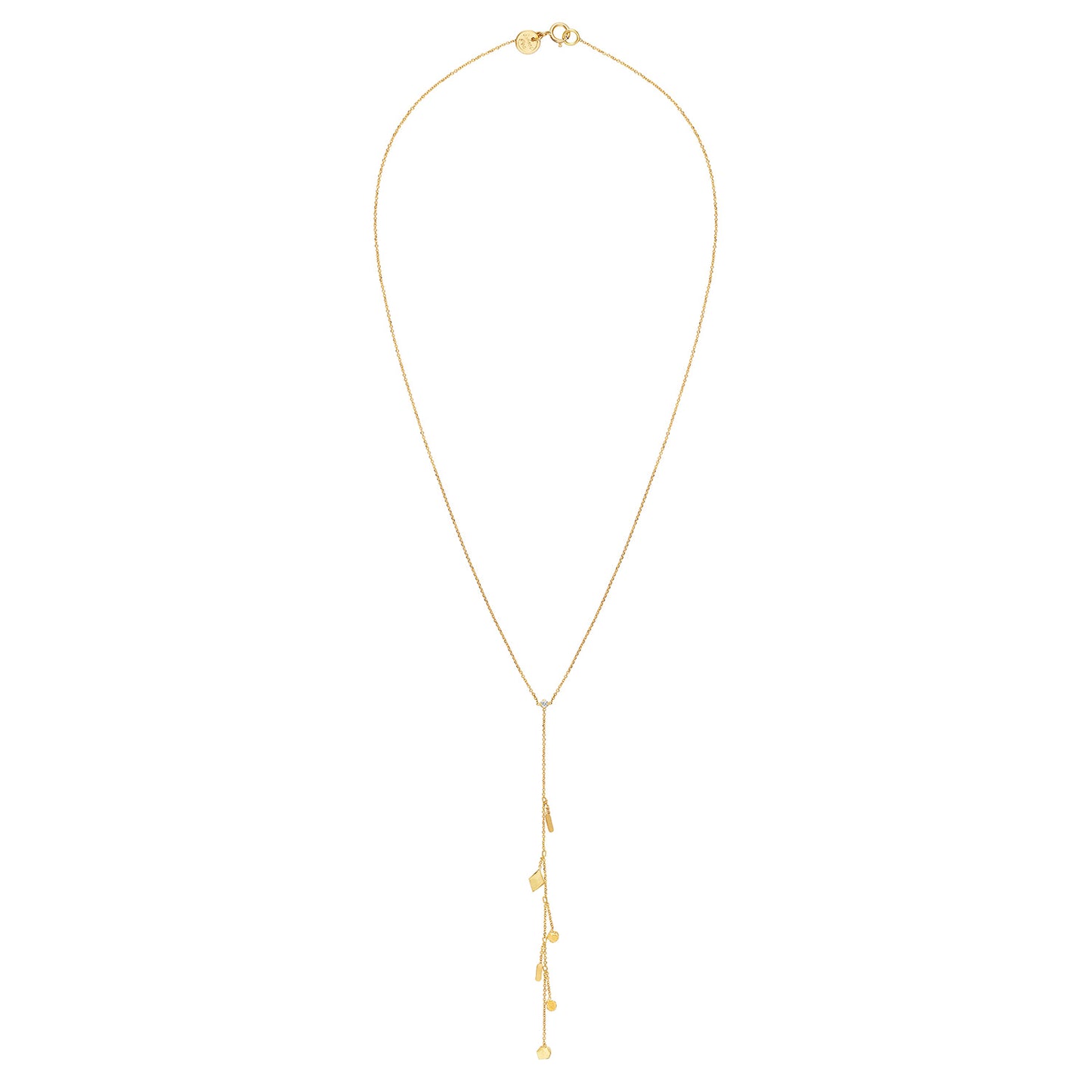 18ct Gold fine chain Y shaped necklace with claw set Diamond and chain with mixed gold shapes