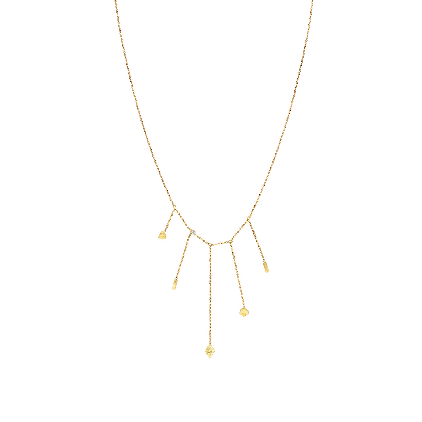 Sweet Pea 18ct gold Kaleidoscope 5 strand chain drop necklace with textured shapes and diamond