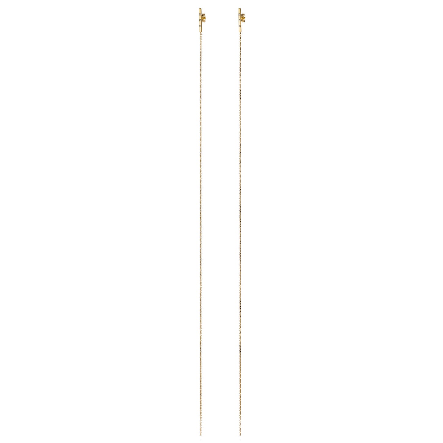 18ct yellow gold bar studs with brushed bar set with 3 Diamonds and long hanging chain