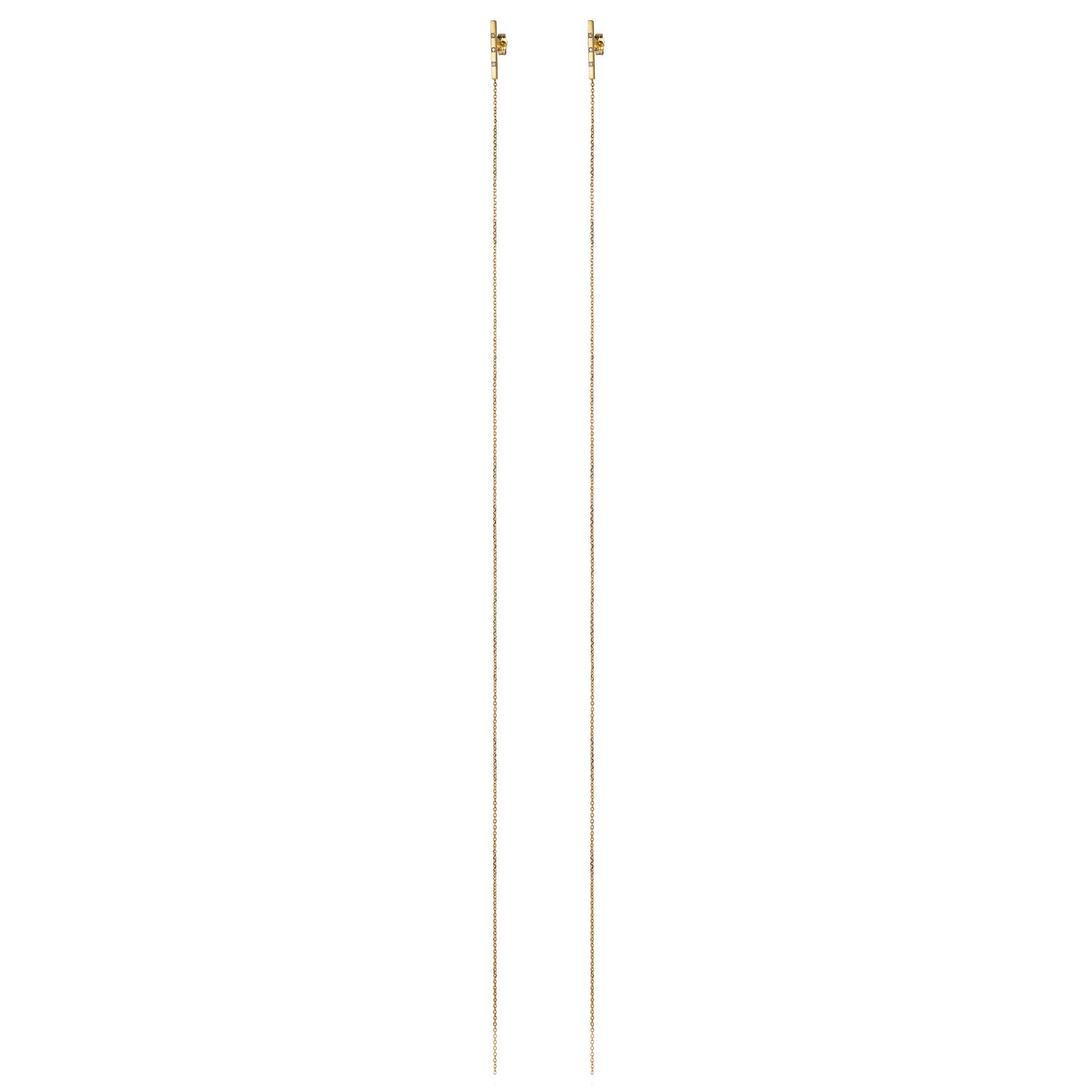 18ct yellow gold bar studs with brushed bar set with 3 Diamonds and long hanging chain