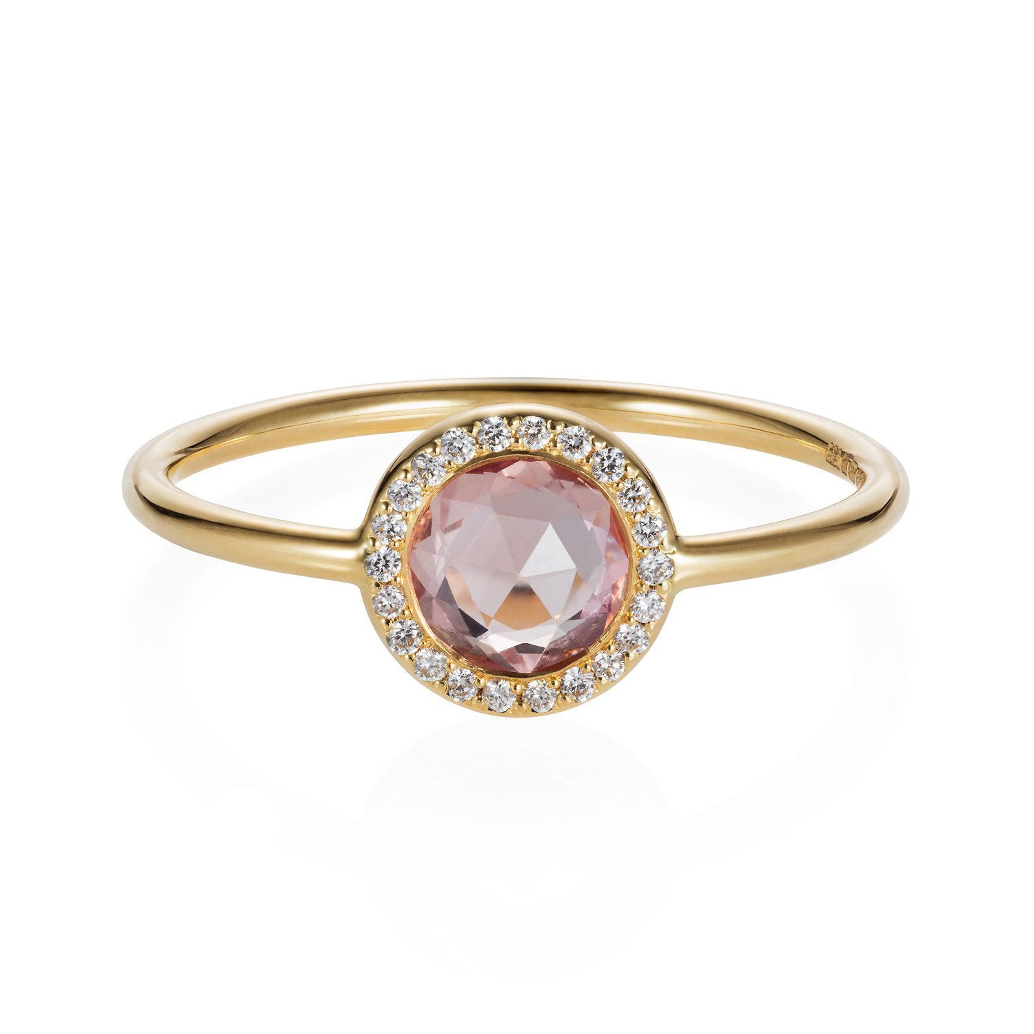 18ct yellow gold ring set with a round pink rosecut sapphire surrounded by a fine white diamond halo