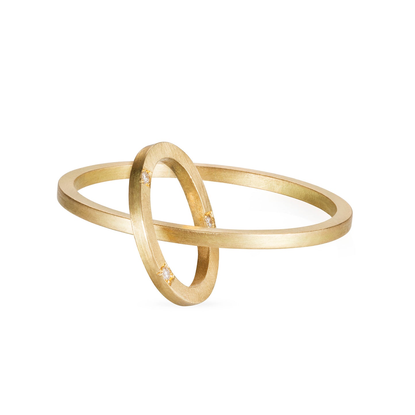18ct yellow gold brushed square band with brushed oval set with 3 diamonds
