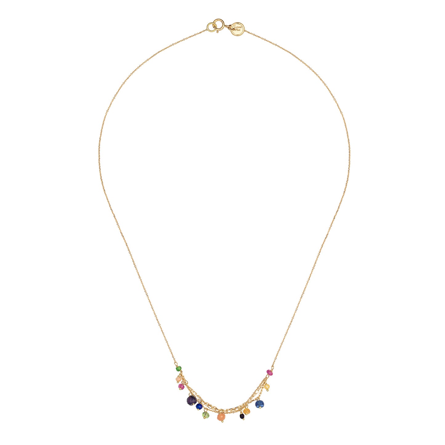 18ct yellow gold fine chain necklace with layered chain section and mixed precious stones
