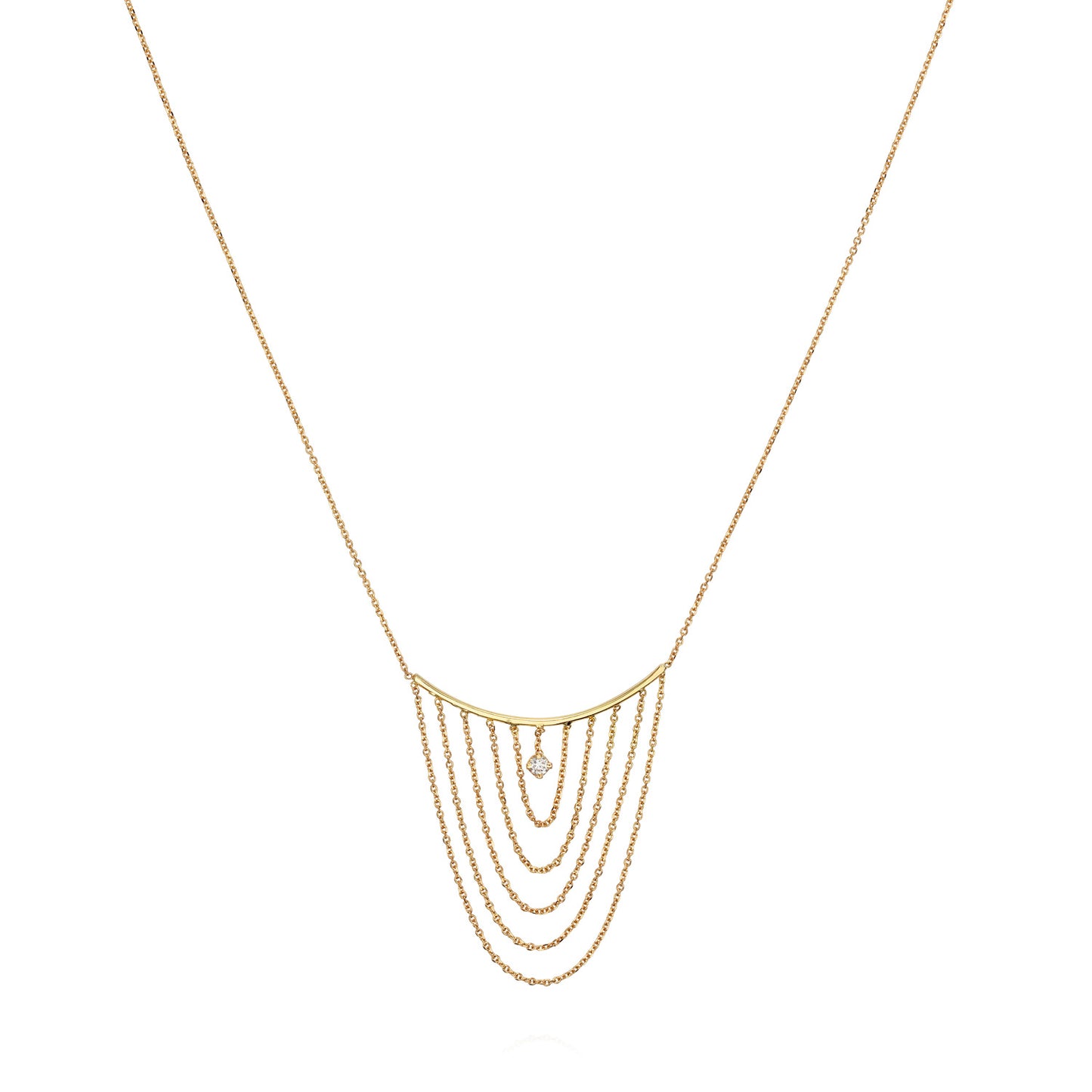 Sweet Pea 18ct yellow gold fine chain Nouveau Now necklace with looped chains and hanging white diamond close up.