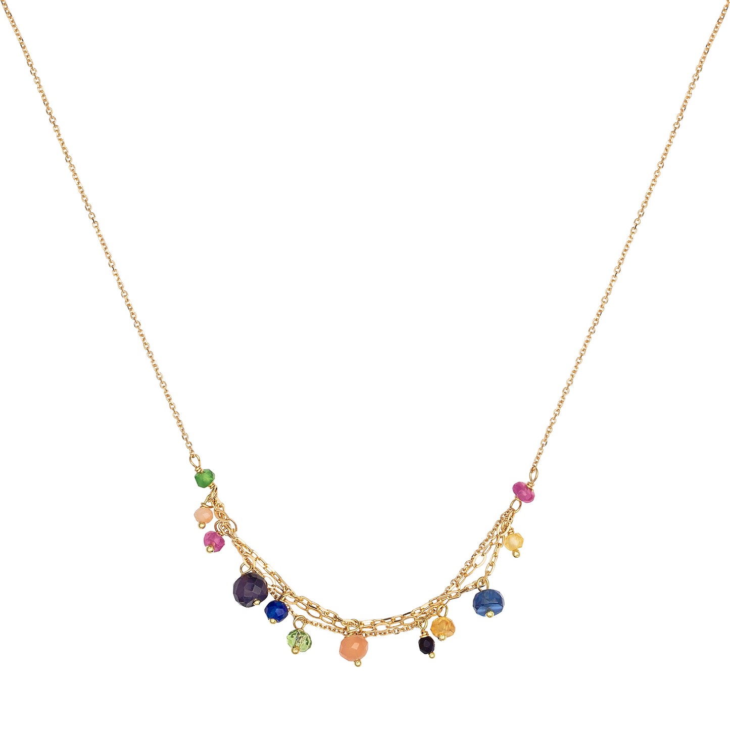 18ct yellow gold fine chain necklace with layered chain section and mixed precious stones