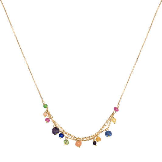 18ct yellow gold fine chain necklace with layered chain section and mixed precious stones