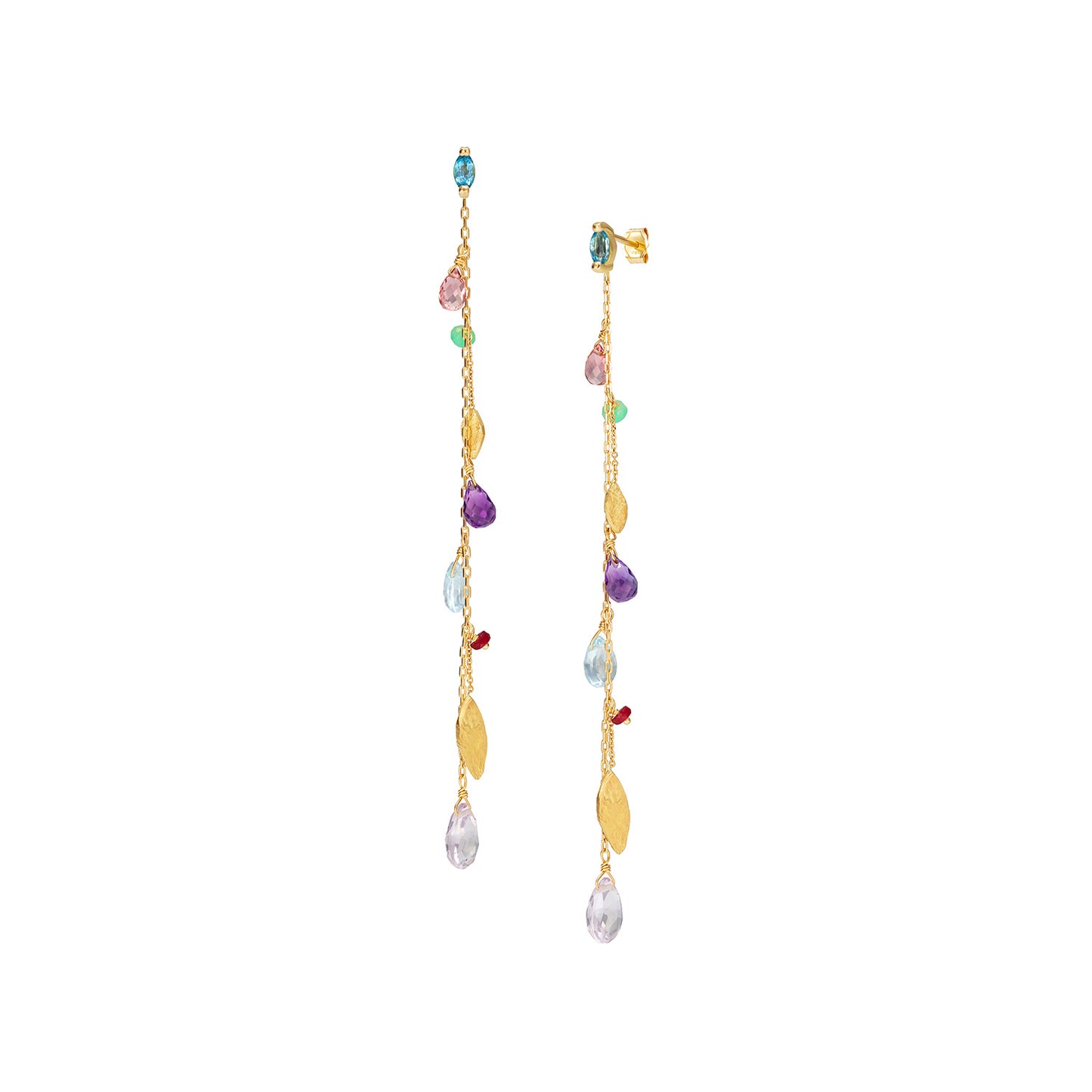 18ct Gold claw set swiss Blue Topaz marquise stud earrings with a dangling long chain with mixed stones and gold leaves