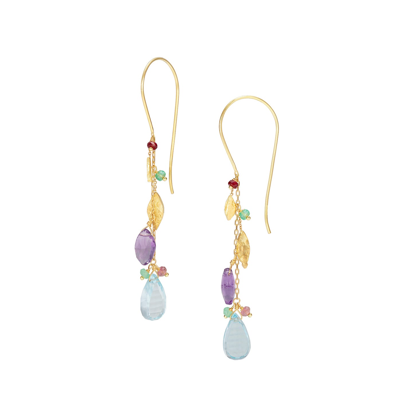 18ct Gold hook earrings with a cluster of stones and glistening gold leaves.