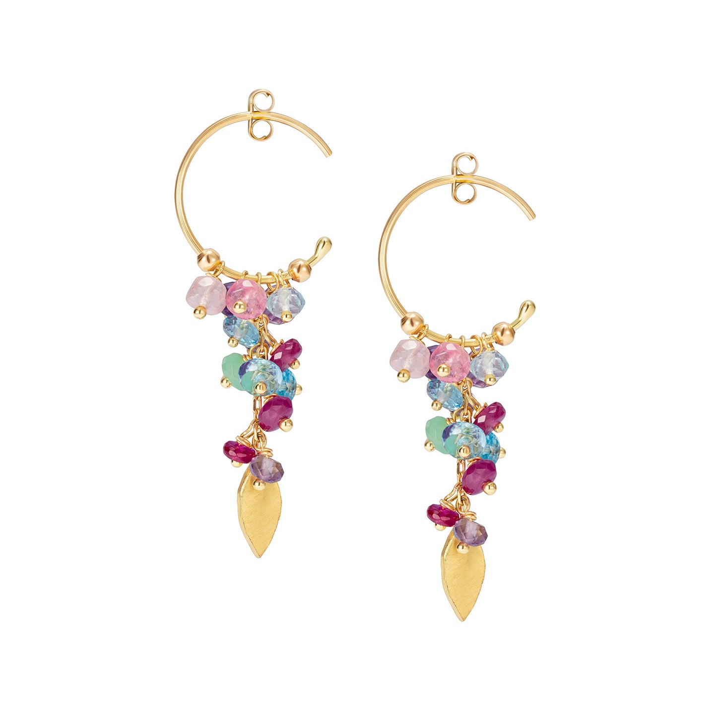 18ct gold baby hoops, featuring a grape cluster of stones and a Gold leaf drop.