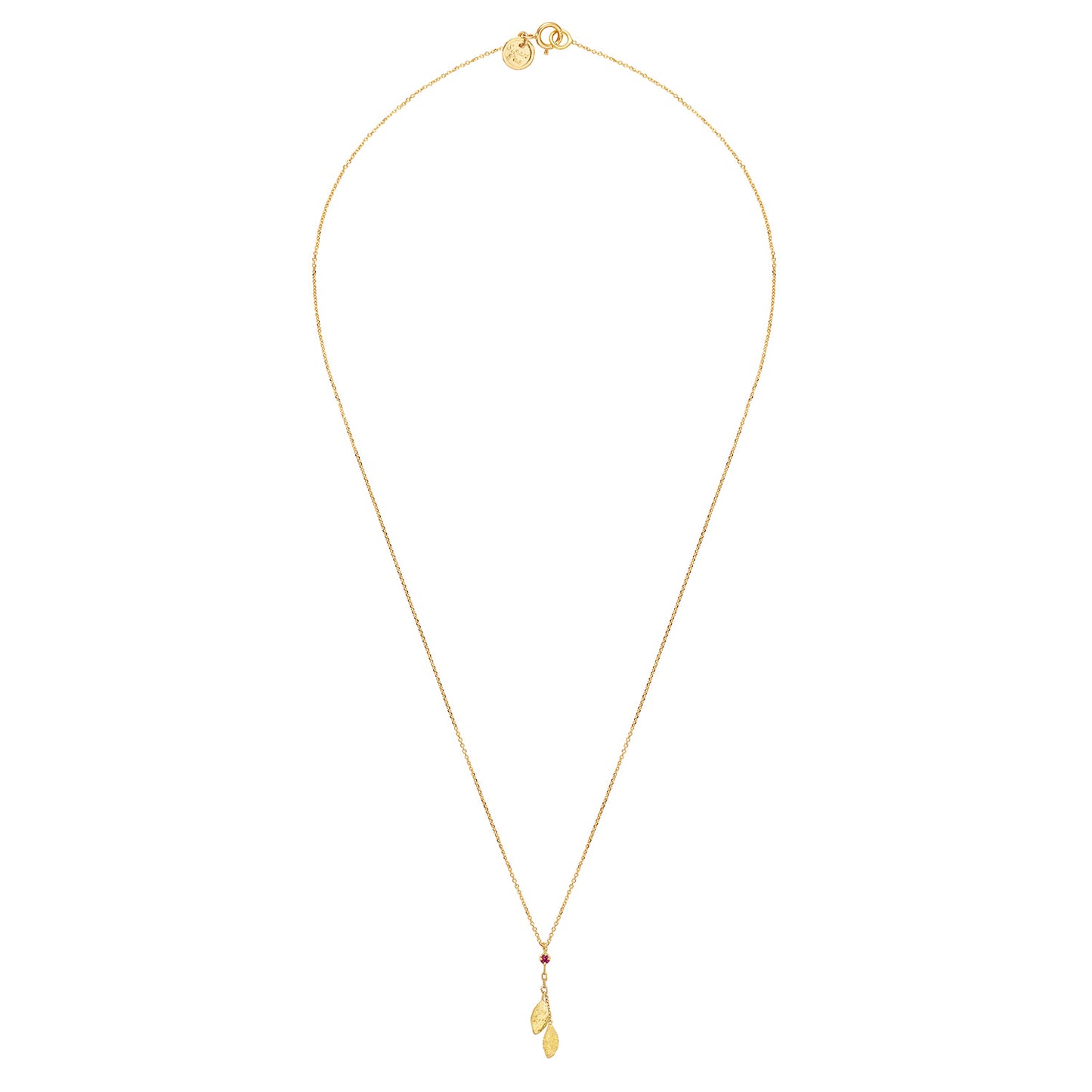 18ct Gold fine cain necklace with claw set pink Sapphire and double gold leaf pendant.