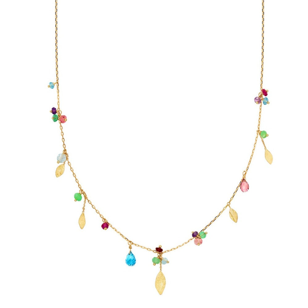 Close up of 18ct Gold chain necklace with mixed stones, drops and five gold leaves.