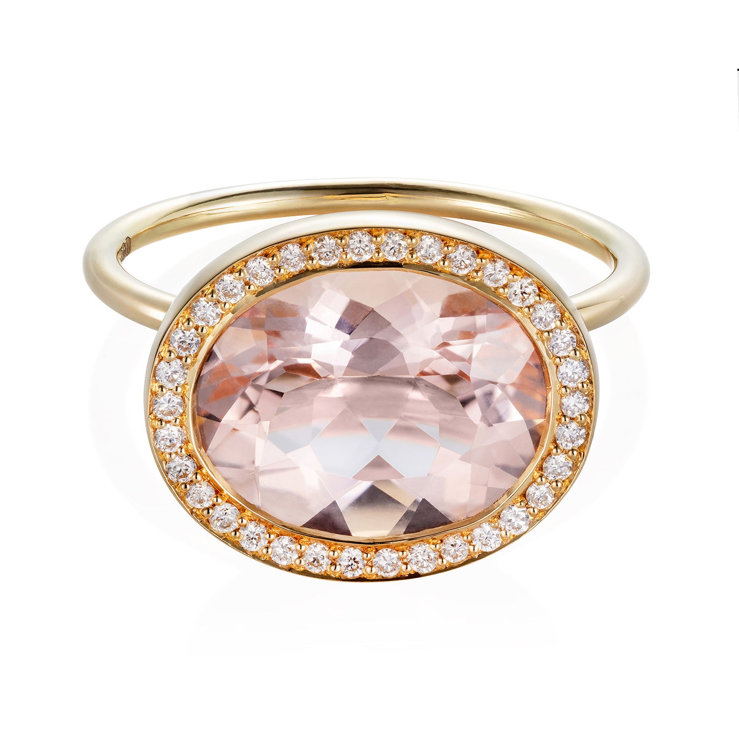 Sweet Pea 18ct yellow gold cocktail engagement ring with large, raised peach oval sapphire with a pave set diamond surround.
