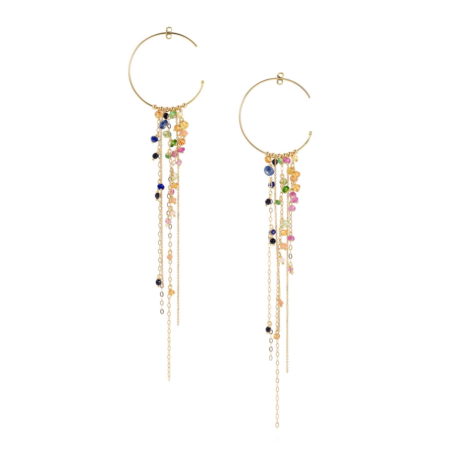 18ct yellow gold medium hoop earrings with hanging chains and mixed precious stones