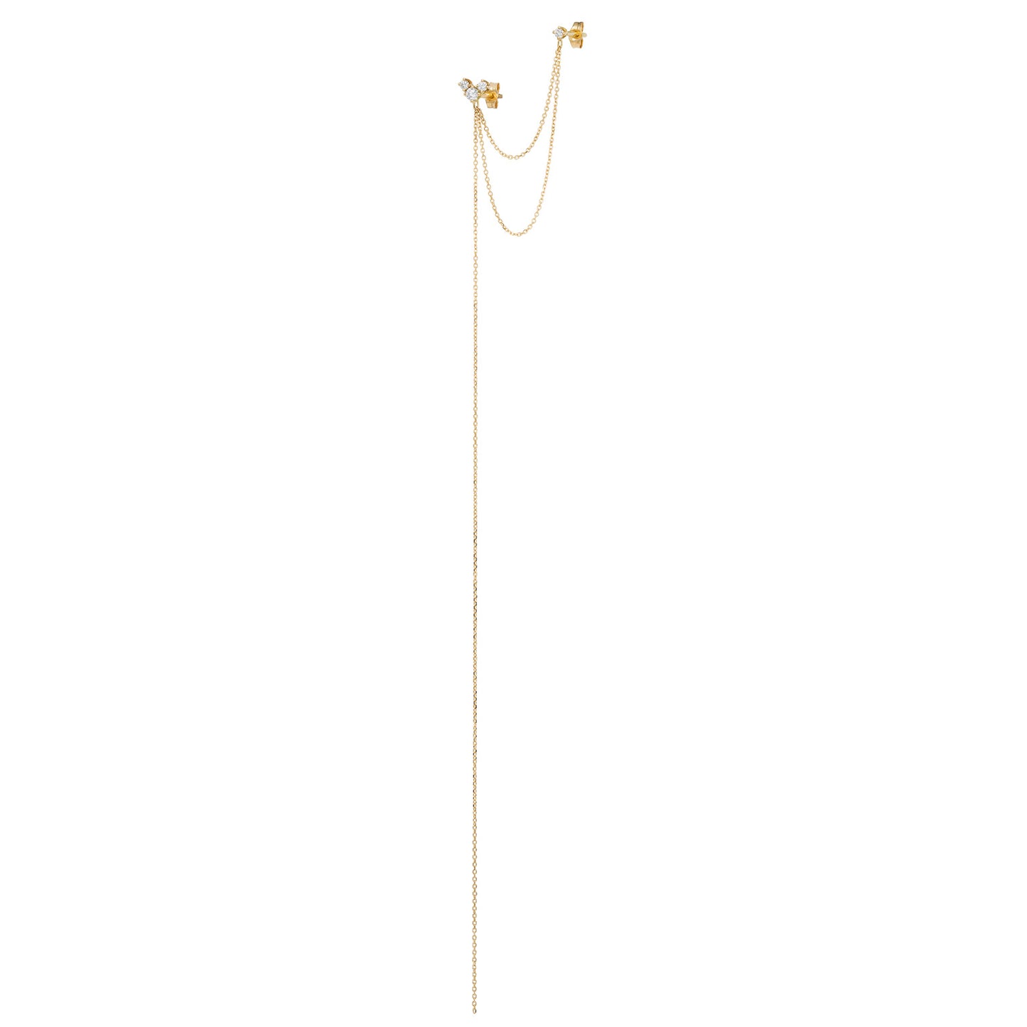 18ct yellow gold 3 Diamond stud connected with double fine chain to single Diamond stud and long strand of chain