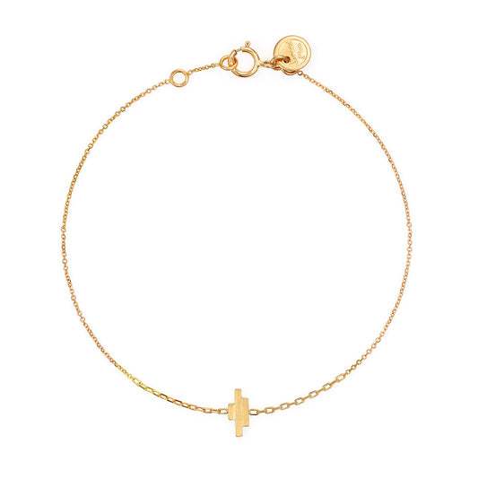 18 CT YELLOW GOLD FINE CHAIN BRACELET WITH VERTICAL LAYERED BAR