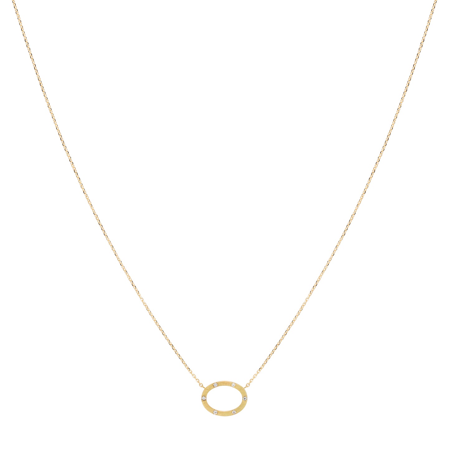 18ct yellow gold fine chain necklace with brushed oval set with 5 diamonds