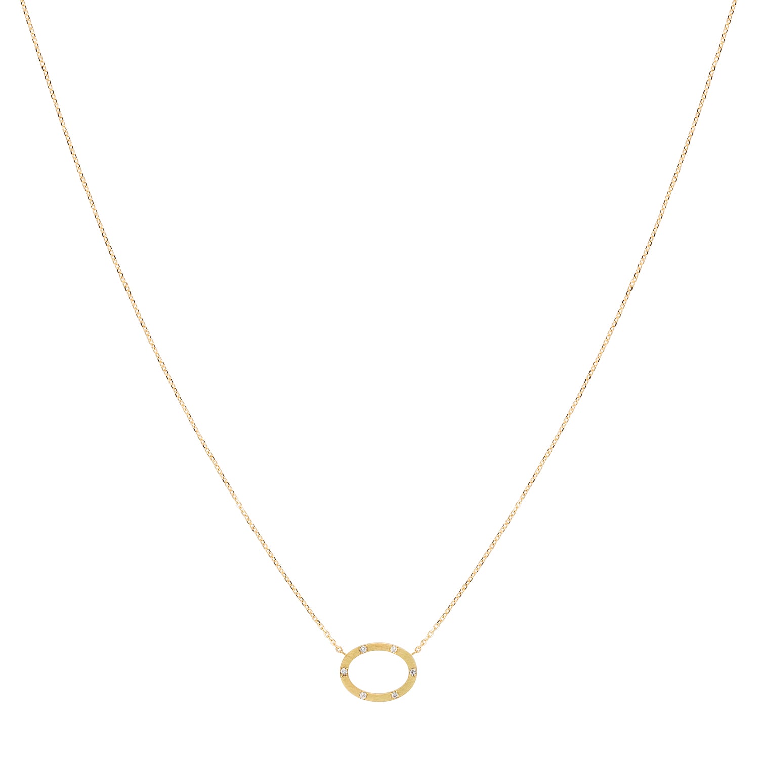 18ct yellow gold fine chain necklace with brushed oval set with 5 diamonds