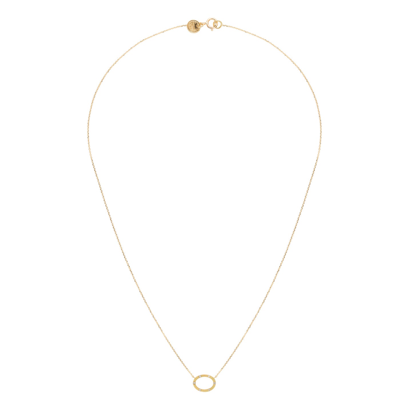 18ct yellow gold fine chain necklace with brushed oval set with 5 diamonds