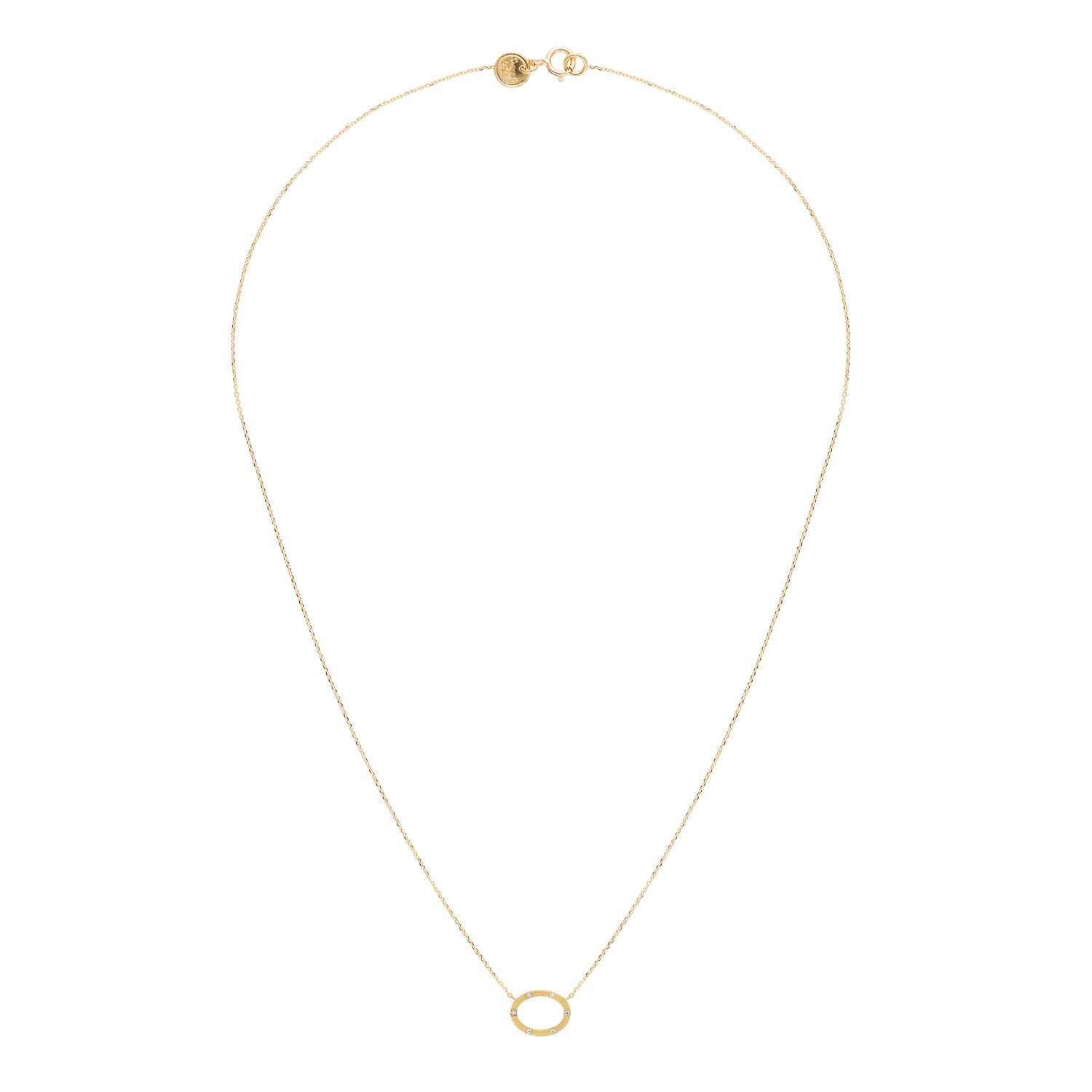 18ct yellow gold fine chain necklace with brushed oval set with 5 diamonds