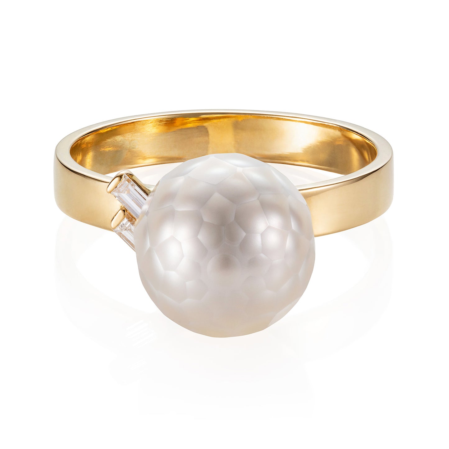 Sweet Pea 18ct yellow gold polished band ring with white faceted pearl and 2 diamond baguettes