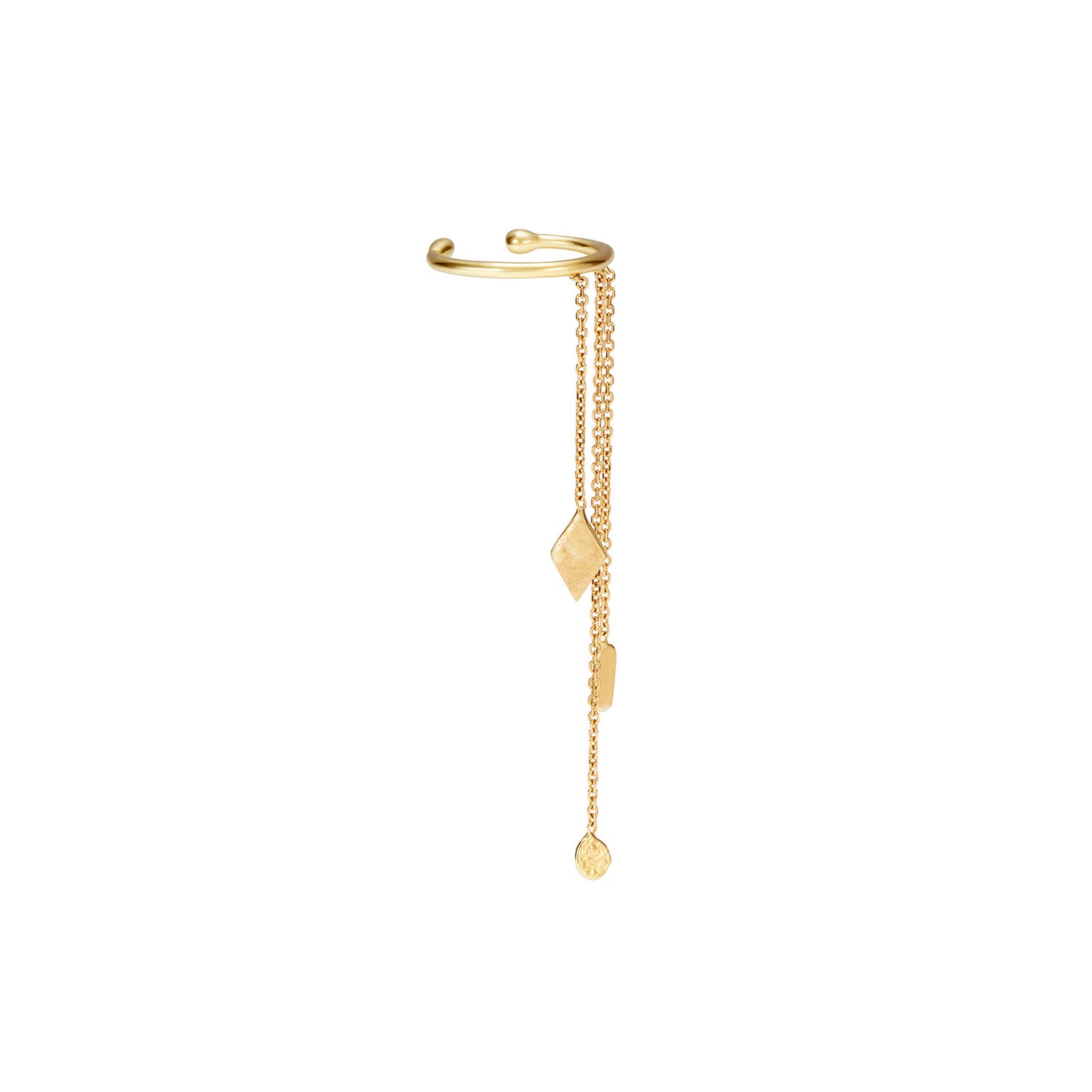18ct Gold cuff with three hanging chains and mixed gold shapes on ends