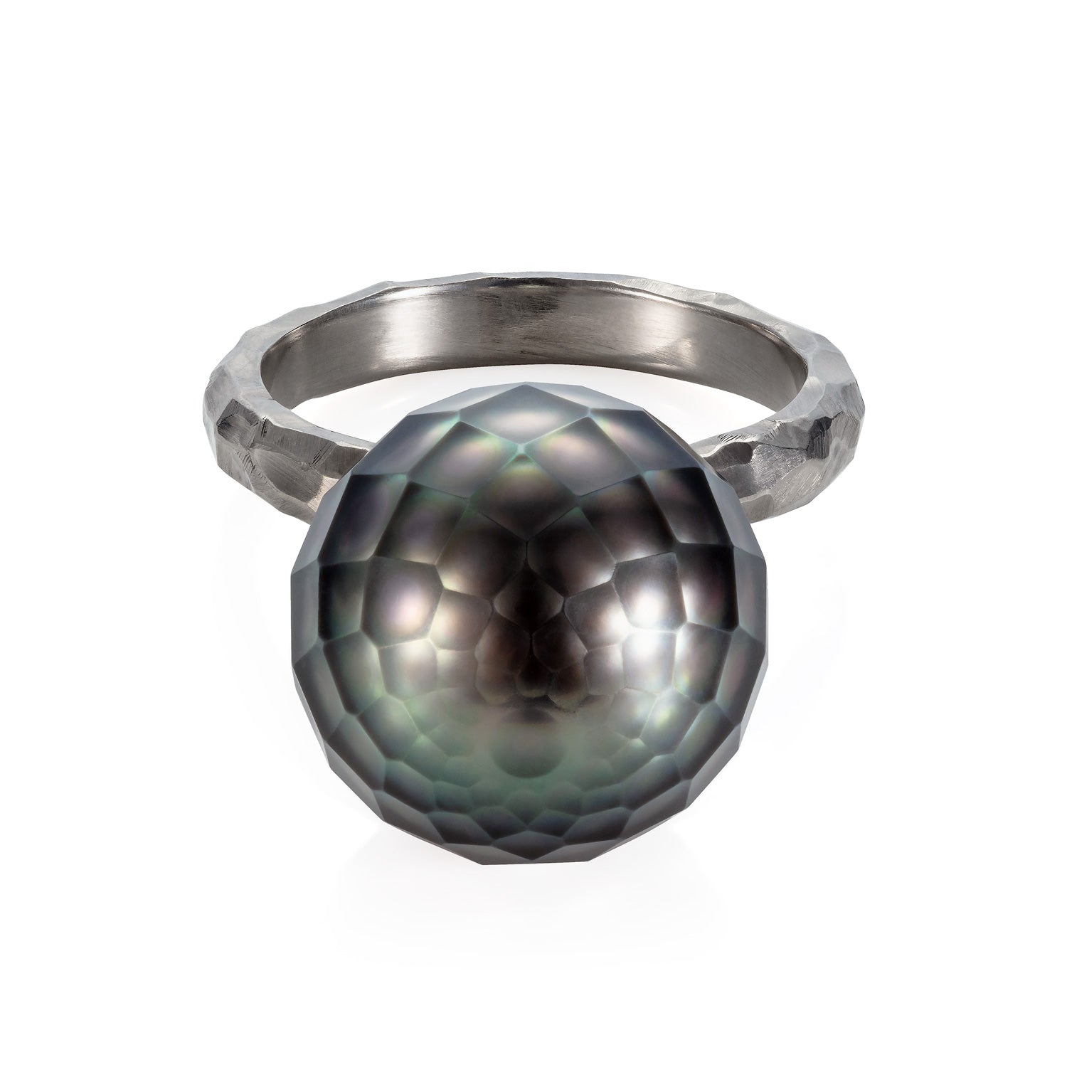 18ct white gold ring with faceted black Tahitian Pearl floating on a chunky hammered band