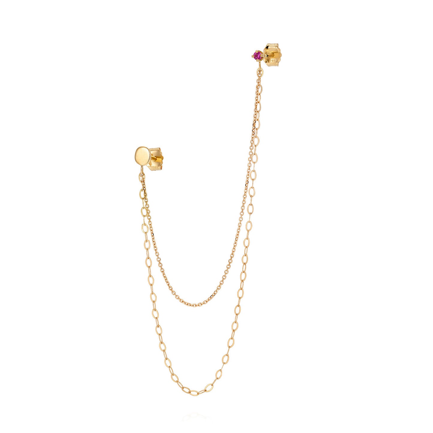 18ct yellow gold double stud earring with pink sapphire set collet and double connecting chain