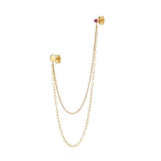 18ct yellow gold double stud earring with pink sapphire set collet and double connecting chain