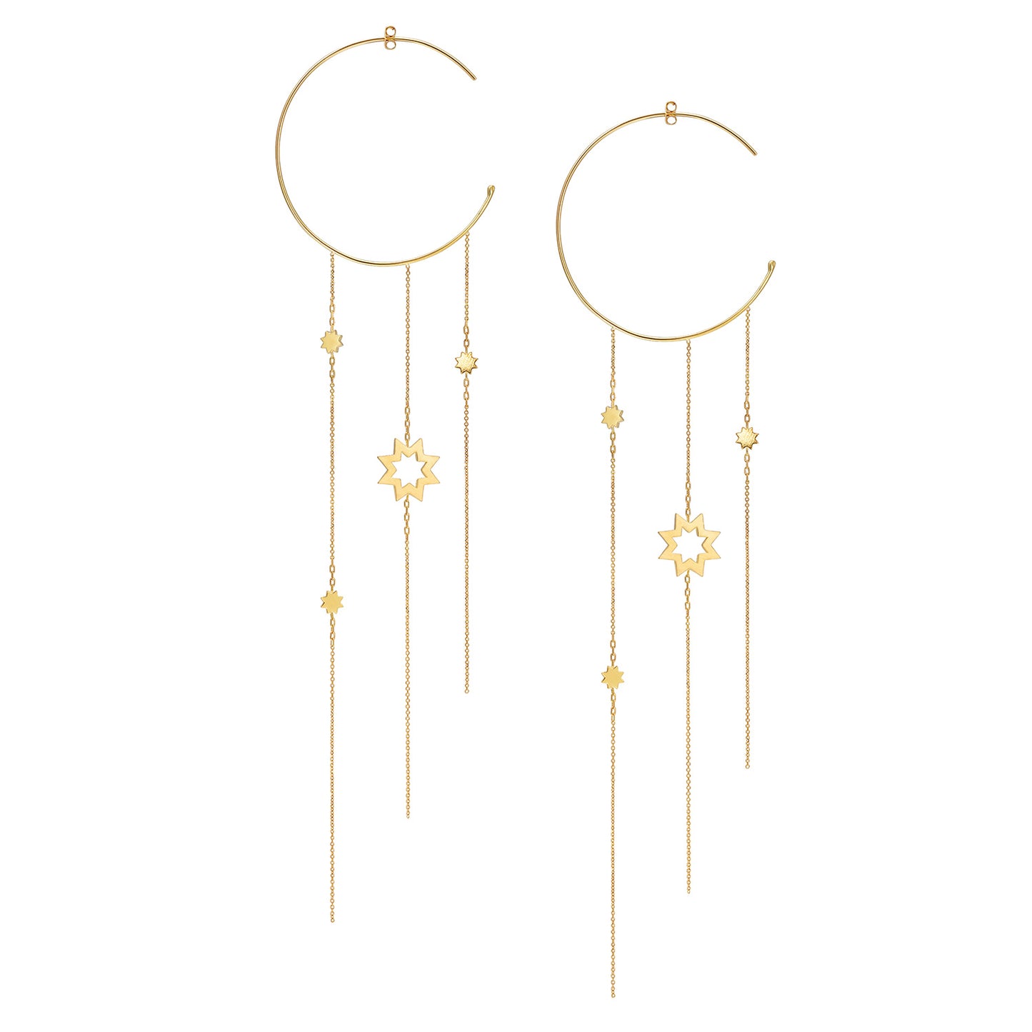 Sweet Pea 18ct yellow gold Reach For The Stars large hoop earring. Star and chain hanging large hoop earring.