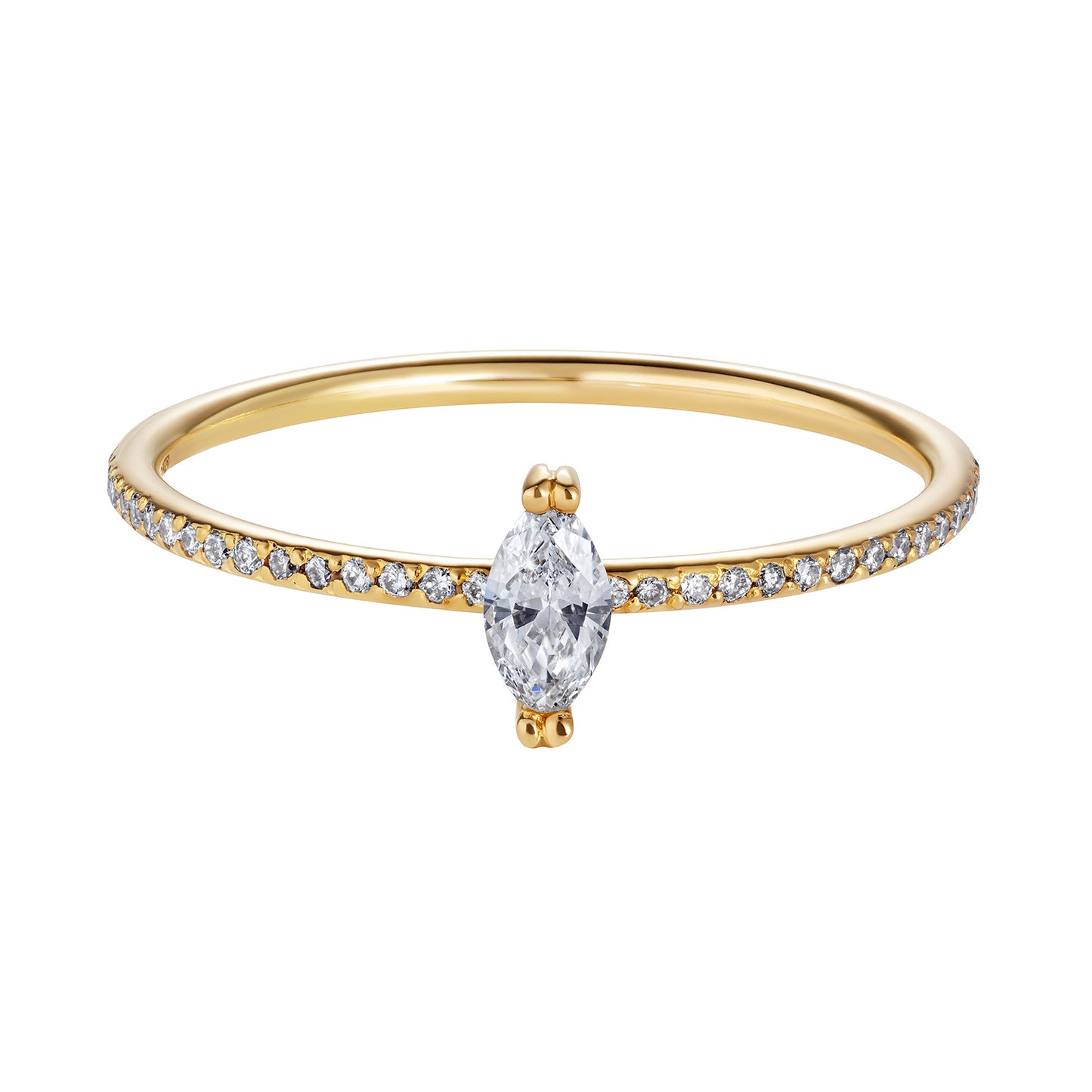 Sweet Pea 18ct yellow gold marquise diamond engagement ring with a full set diamond eternity band.