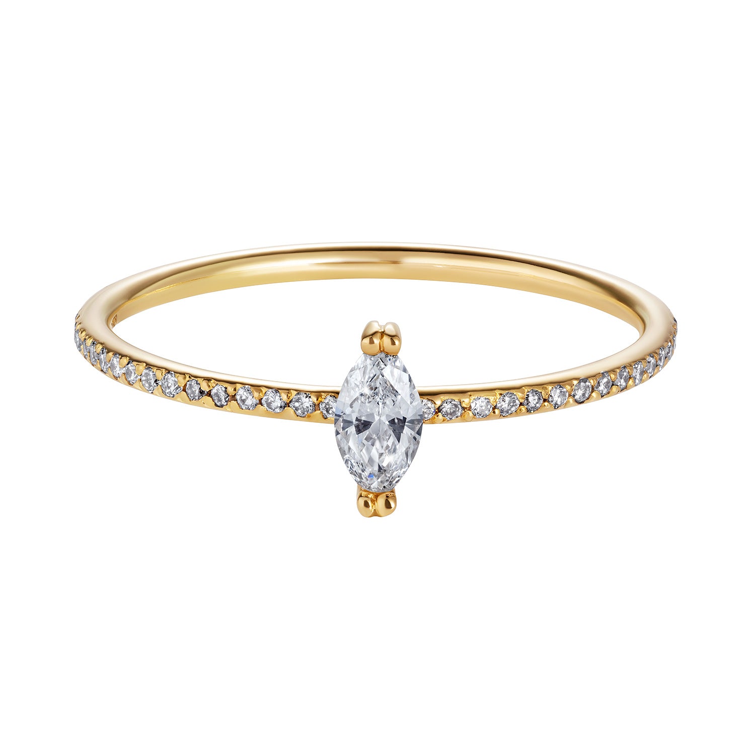 Sweet Pea 18ct yellow gold marquise diamond engagement ring with a full set diamond eternity band.