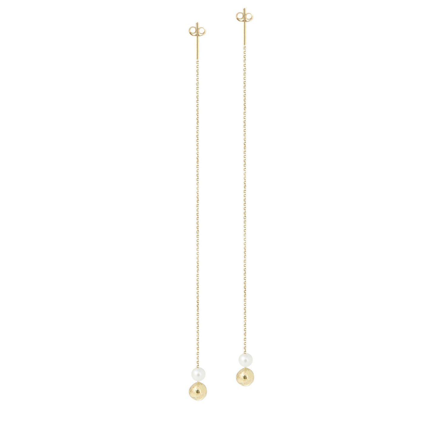 18ct yellow gold thread through earrings with small white pearl and gold bead
